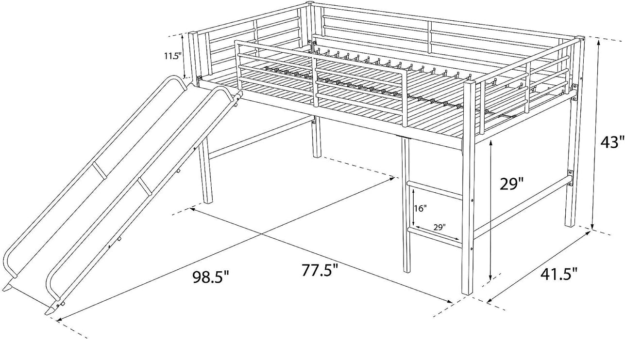 Junior Twin Metal Loft Bed with Slide, Multifunctional, Silver