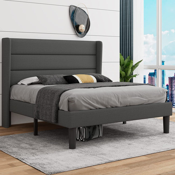 Queen Upholstered Bed Frame with Storage Headboard, Wingback, Wood Slats