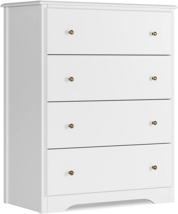 White Dresser, 4 Drawers, Solid Wood Frame