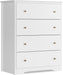 White Dresser, 4 Drawers, Solid Wood Frame