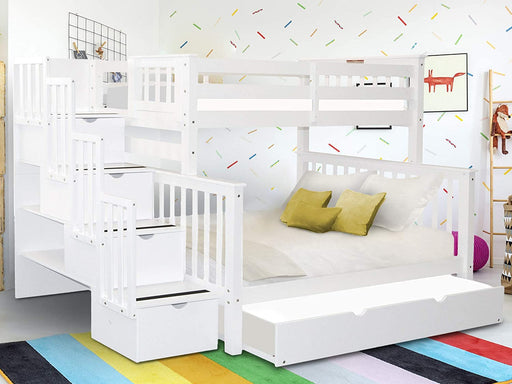 Stairway Bunk Beds Twin over Full with Trundle, White