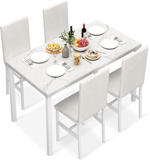 Faux Marble Dining Table Set for 4, All White