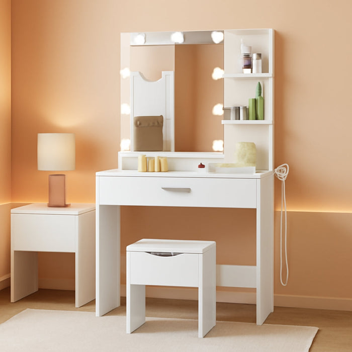White Vanity Set with Lighted Mirror & Power