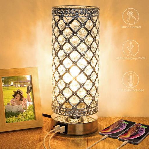 Crystal Touch Control Table Lamp with Dual USB Ports
