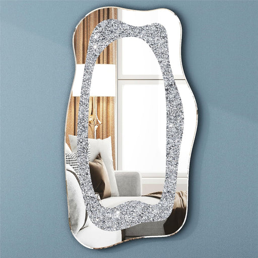 Modern Irregular Asymmetrical Wall Mirror, 39"X 21.6" Decorative Large Mirror for Wall Decor, Abstract Cloudy Wavy Wall Mirrors, Crush Diamond Mirror Home Decor for Living Room Entryway