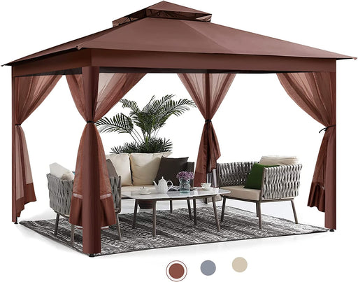 Gazebo,  11'X 11' Pop up Gazebo with Mosquito Netting, Outdoor Canopy with Double Roof Tops and 121 Square Feet of Shade for Patio, Group Gatherings, Camping Shelter (Brown)