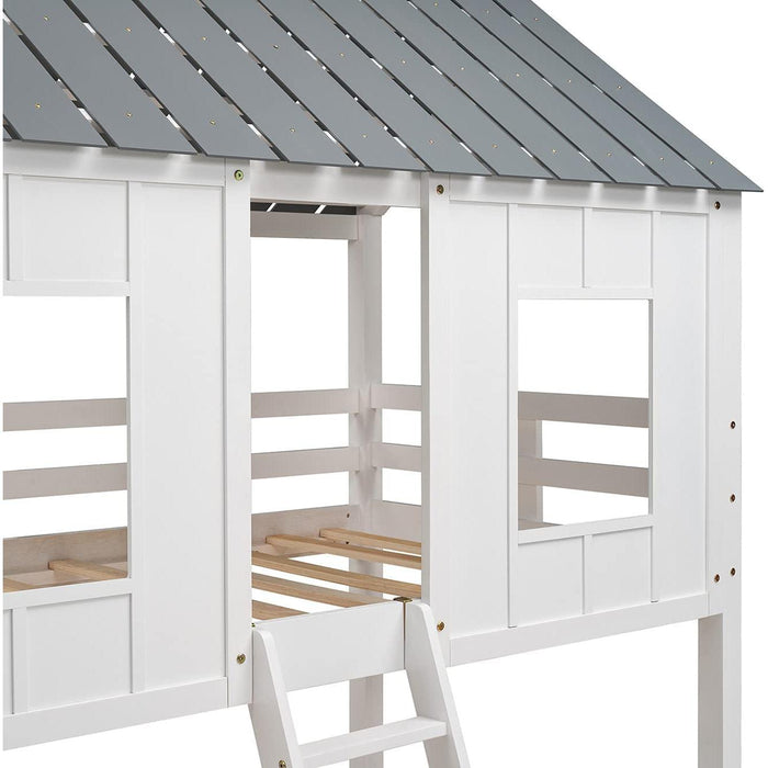 Twin House Bunk Bed with Playhouse, White and Gray