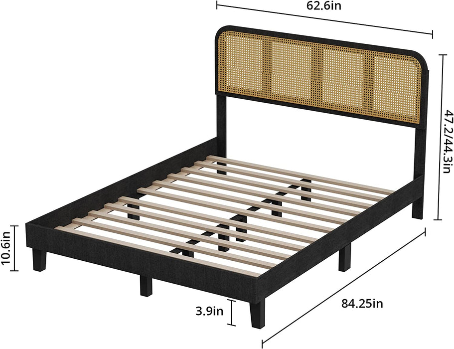 Black Rattan Wooden Queen Platform Bed Frame W/ Adjustable Headboard