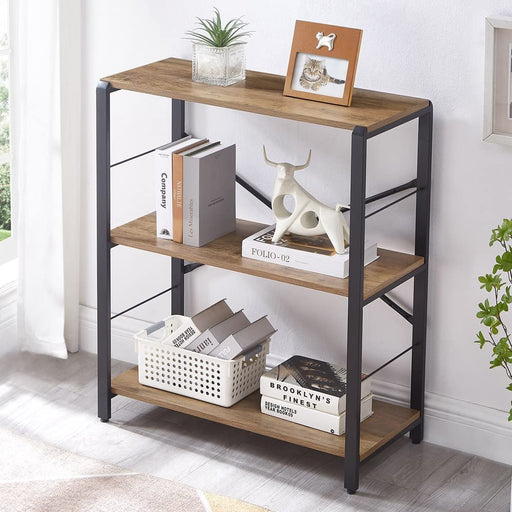 Rustic Oak Bookshelf with Metal Frame, 3-Tier