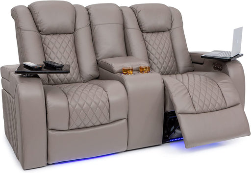 Anthem Home Theater Seating - Top Grain Leather - Power Recline Sofa - Fold-Down Table - Powered Headrests - Arm Storage - AC/USB and Wireless Charging - Cup Holders, Black