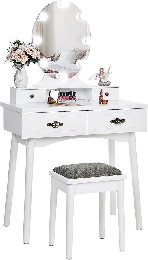 White Vanity Desk Set with Large LED Bulbs Frameless Mirror