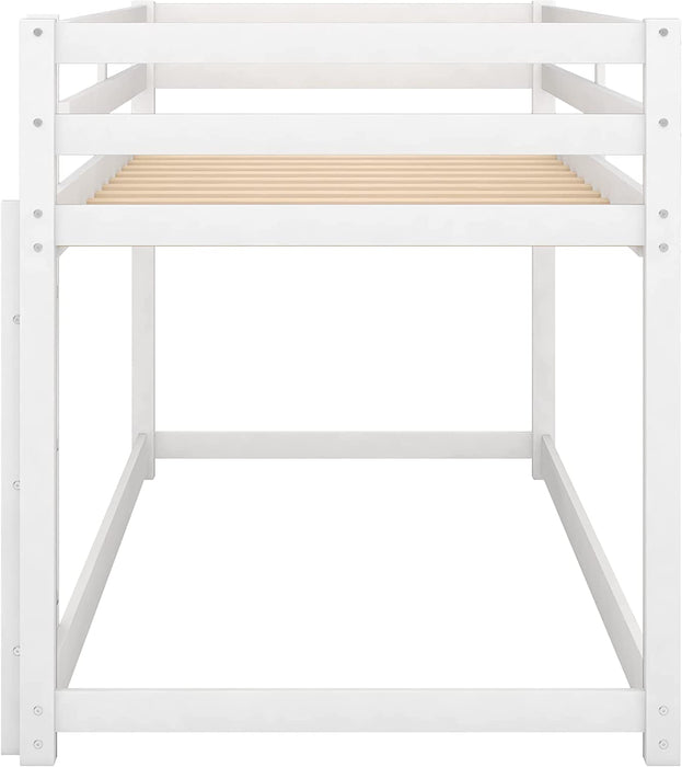 Solid Wood Twin Floor Bunk Bed with Guard Rails, White