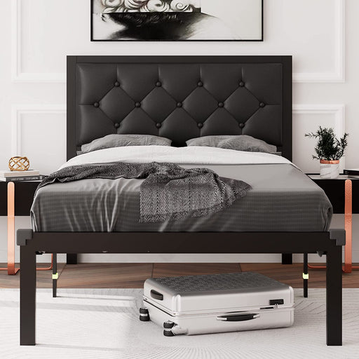 Twin Size Metal Bed Frame, Faux Leather Button Tufted Headboard, Heavy-Duty
