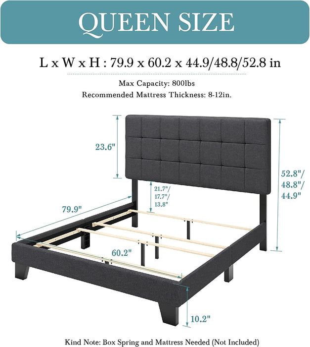 Queen Size Upholstered Panel Bed, Box-Tufted Adjustable Headboard