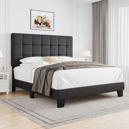 Queen Size Upholstered Panel Bed, Box-Tufted Adjustable Headboard