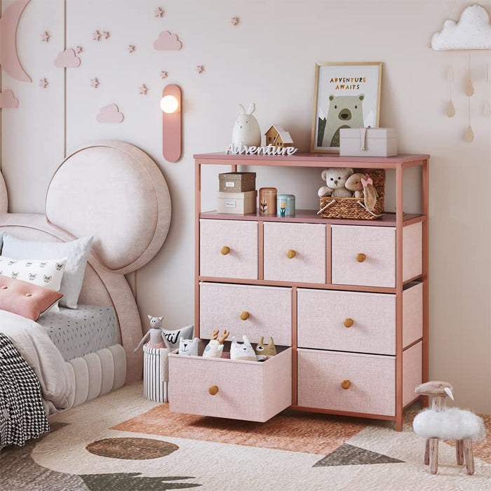 Pink Dresser with 7 Drawers and 2 Shelves