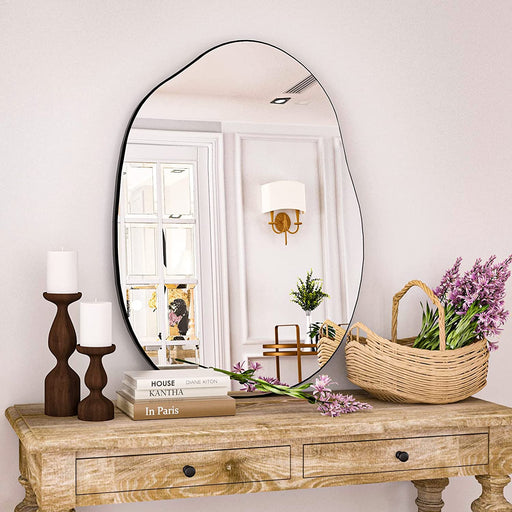 Irregular Wall Mirror 22"X32" Black Asymmetrical Bathroom Mirror Wood Framed Modern Decorative Vanity Mirrors for Bedroom Living Room Entryway