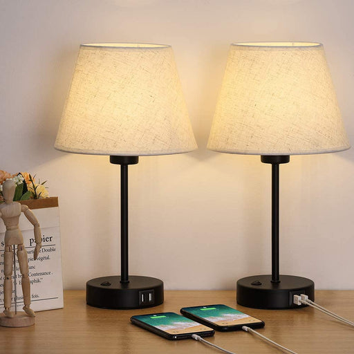 Set of 2 USB Charging Ports Bedside Table Lamps