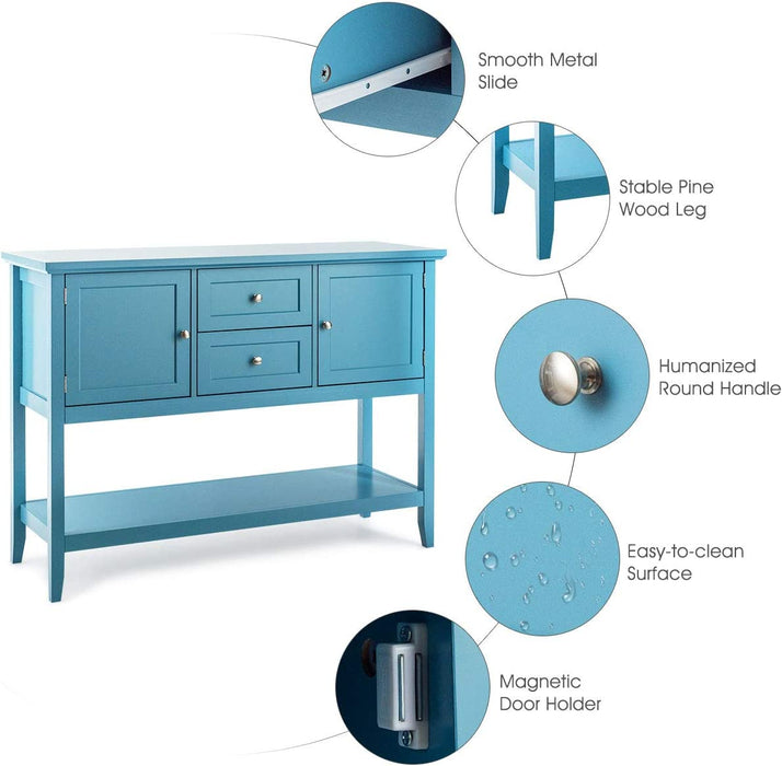 Aqua Wood Buffet Sideboard with Cabinets and Drawers