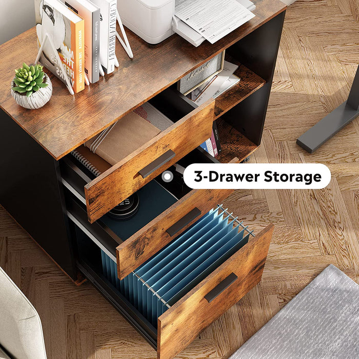 Rustic Brown Mobile File Cabinet with Shelves