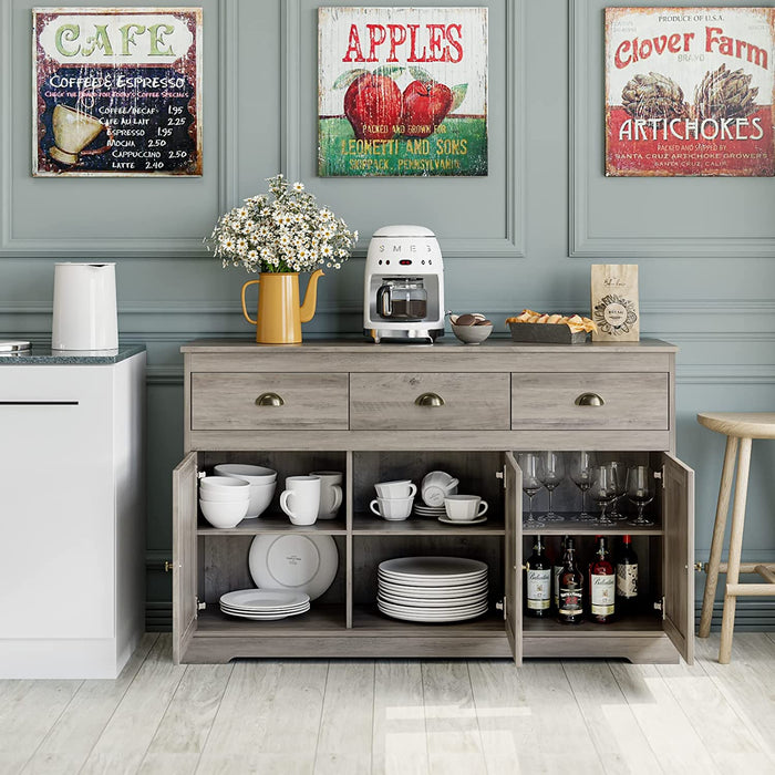 Farmhouse Buffet Server with Wine Cabinet and Drawers, Grey Wash