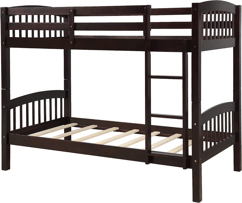 Solid Wood Twin Bunk Bed W/ Guardrail, Espresso