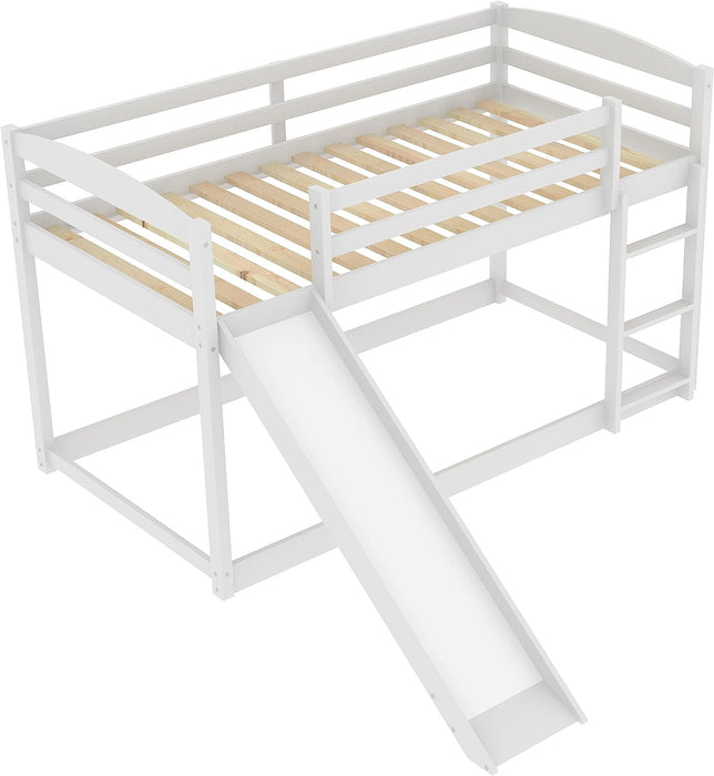 White Low Bunk Bed with Slide, Ladder, and Guardrail