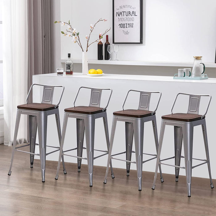 Low Back Metal Counter Stool with Wooden Seat Set of 4