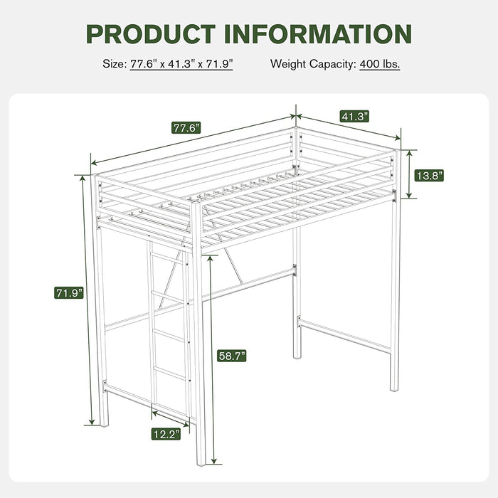 Matte Black Twin Size Loft Bed with Guardrail and Ladder