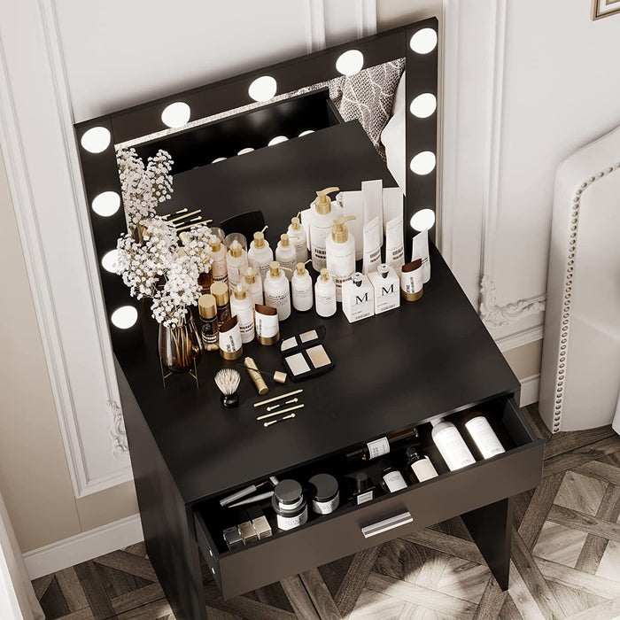 Black Vanity Table with Lighted Mirror and Drawer