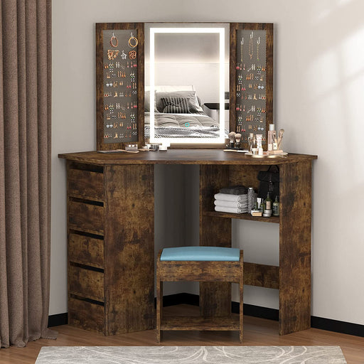 Brown Corner Vanity Desk Set with Touch Screen