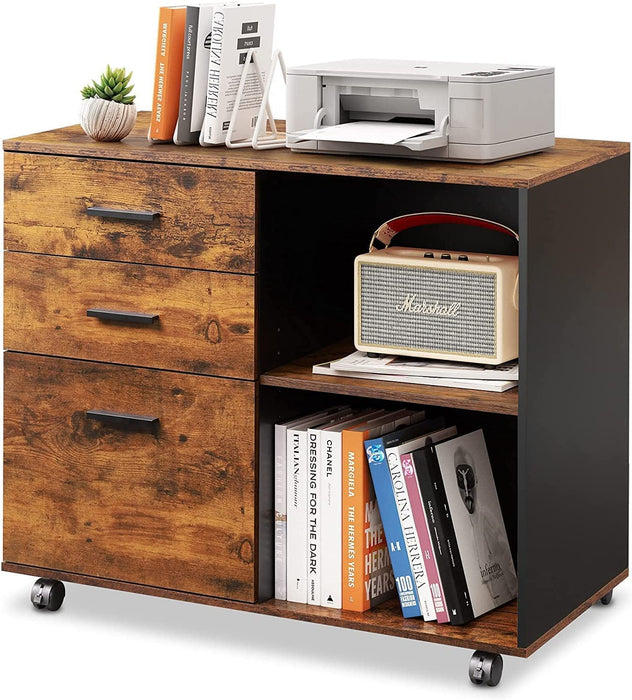 Rustic Brown Mobile File Cabinet with Shelves