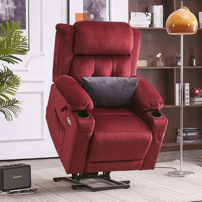 Lay Flat Lift Recliner with Power Headrest, Massage and Heat, Fabric, Burgundy, Small