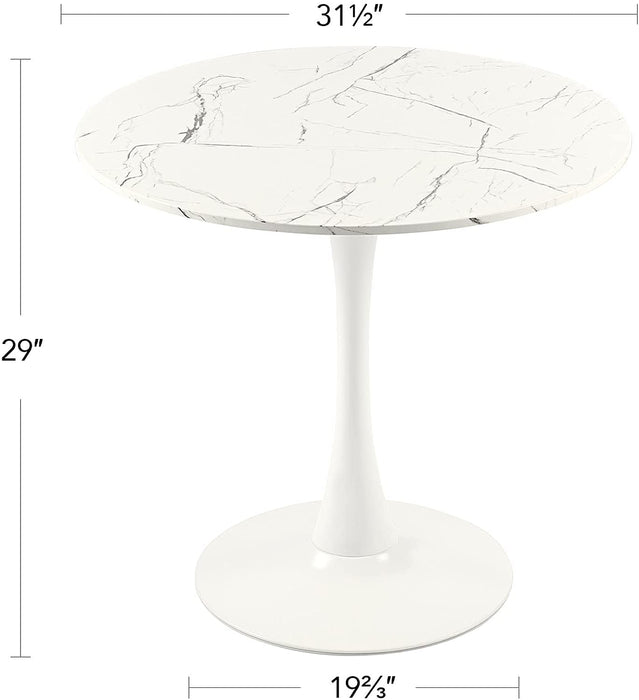 Modern round Dining Table, 32", Faux Marble Top, White