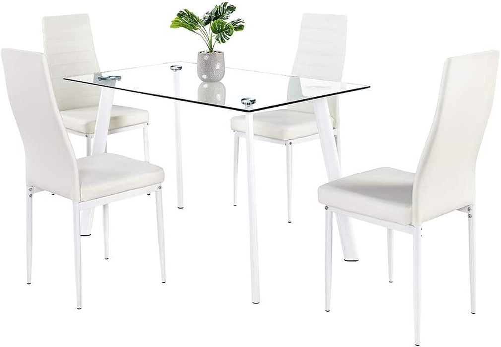 Modern White Dining Room Table Set for 4, Glass Top