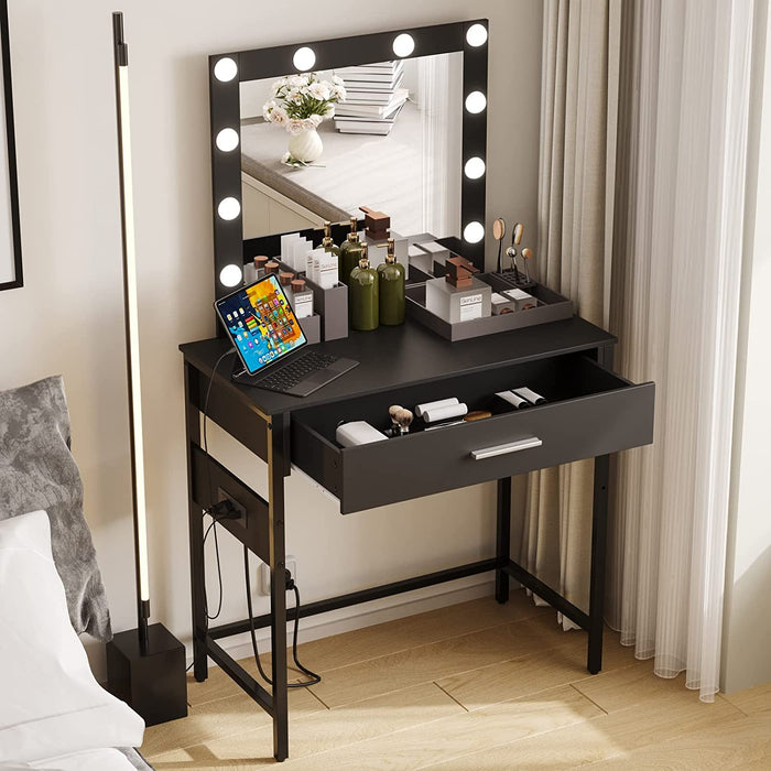 Black Vanity Desk with Lighted Mirror, Charging Station