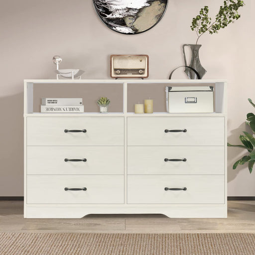 6 Drawer Dresser, White, Modern Wood with Shelves