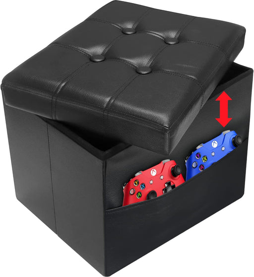 Black Leather Ottoman with Storage and Pocket
