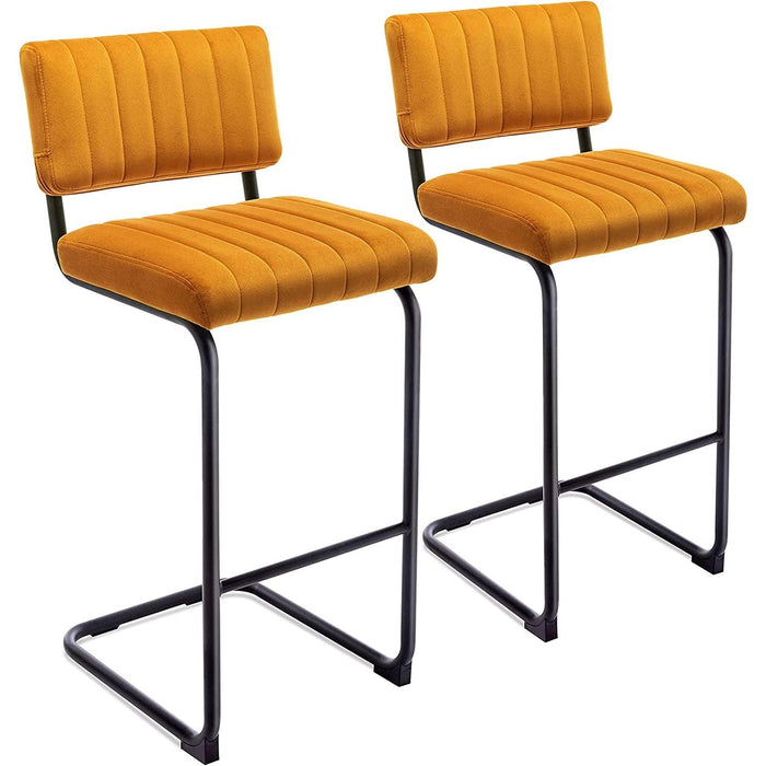 Velvet Upholstered Bar Height Chairs Set of 2, Orange