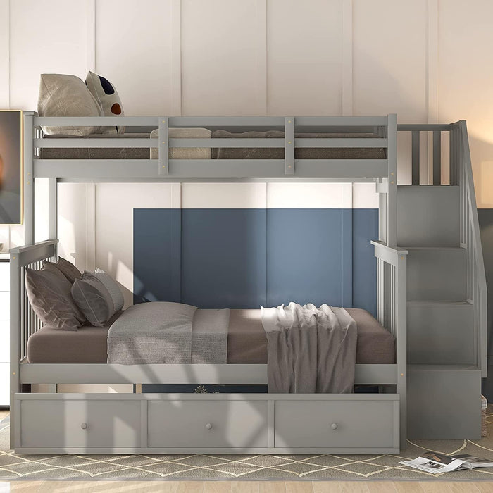 Twin over Full Bunk Bed with Stairs, Grey