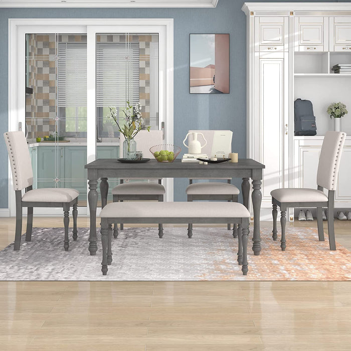 French Style 6-Piece Dining Table Set with Bench, Gray