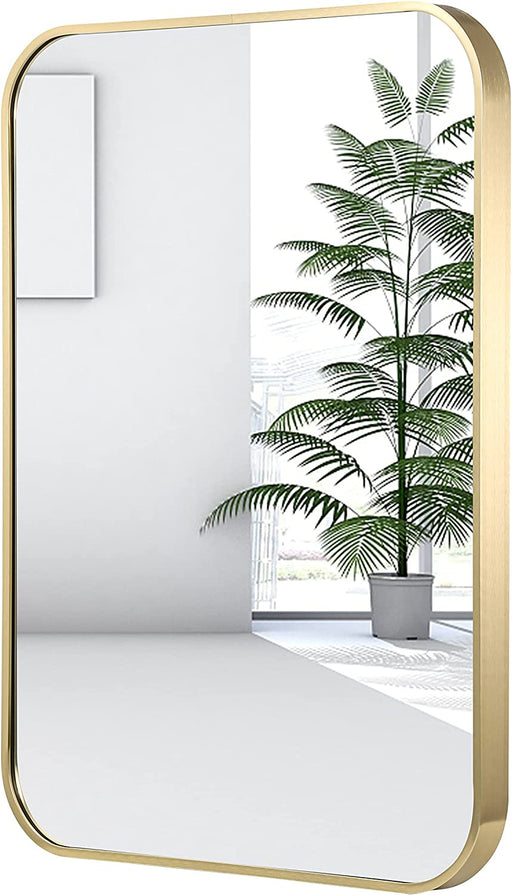 22X30 Inch Gold Bathroom Mirror, Brushed Brass Gold Metal Framed Rectangular Mirror with Rounded Corner, Bathroom Vanity Mirror for Bedroom or Living Room, Horizontal/Vertical