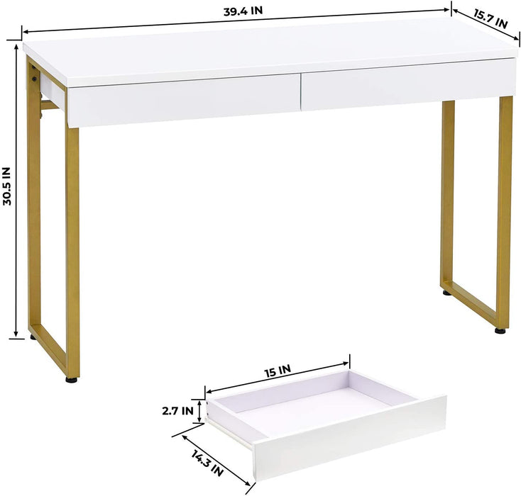 White Glossy Vanity Desk with Gold Legs, 2 Drawers