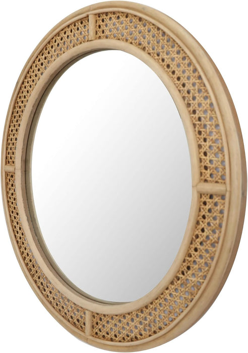 Round Rattan Wall Mirror with Wooden Framed, Modern Boho Decorative Mirror for Bathroom, Entry, Living Room, Bedroom, 24 Inch