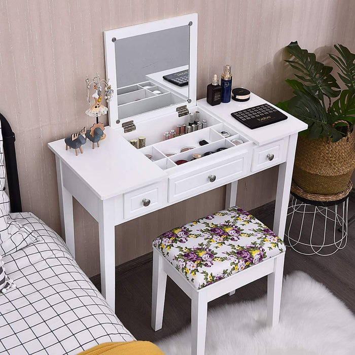 White Vanity Set with Flip Top Mirror and Drawers