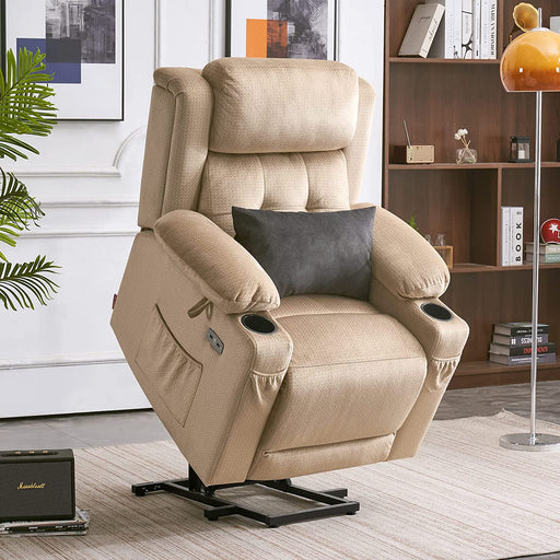 Lay Flat Lift Recliner with Power Headrest, Massage and Heat, Fabric, Beige, Small