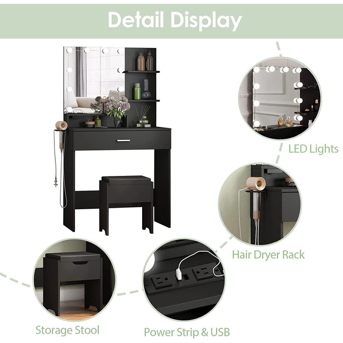 Black Makeup Vanity Table with Lighted Mirror