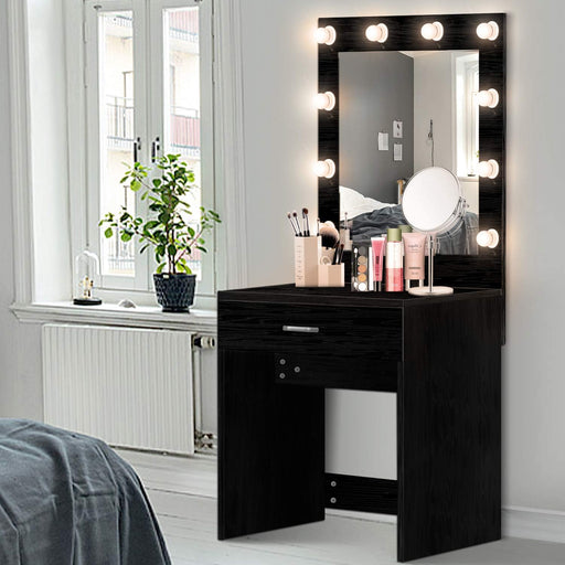 Black Makeup Vanity and Table Set with Lighted Mirror