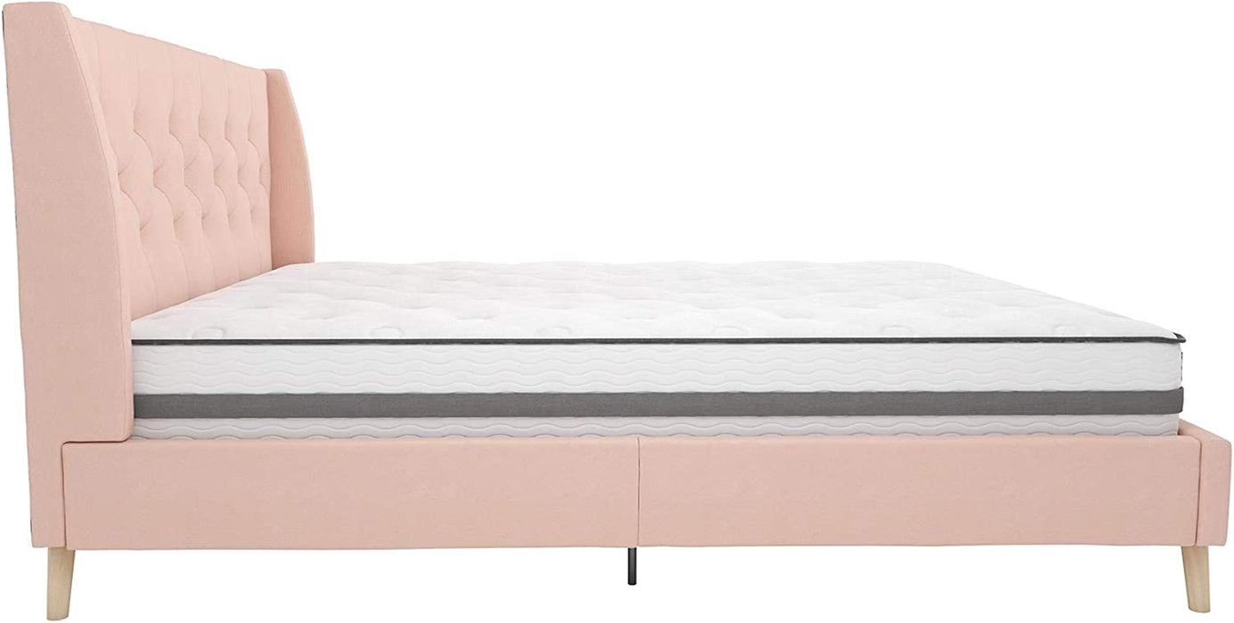 Pink Linen Queen Upholstered Bed Frame W/ Wingback Design