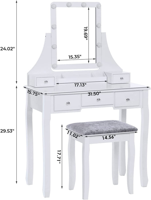 Lighted Makeup Vanity, Dimmable Bulbs, 5 Drawers (White)